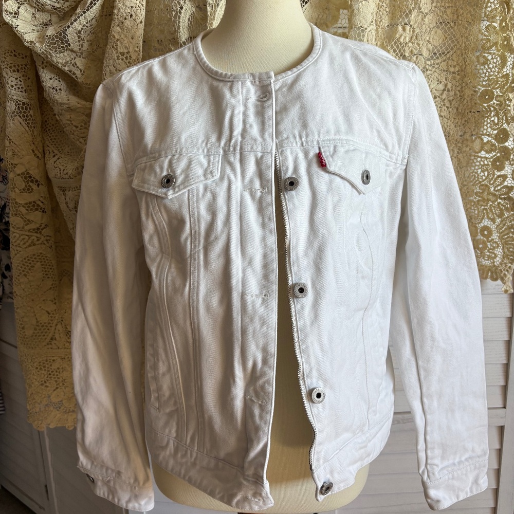 LEVI White Denim Collarless Women's Trucker Jacket Zip/Button